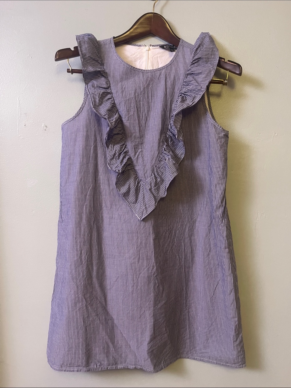 Express Denim Blue-Striped Ruffle-Front and Sleeve Mini Dress